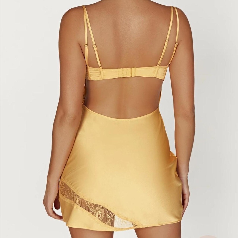 Meshki Yellow Lemon Joslyn Lace Satin Slip Mini Dress - Picture 3 of 12